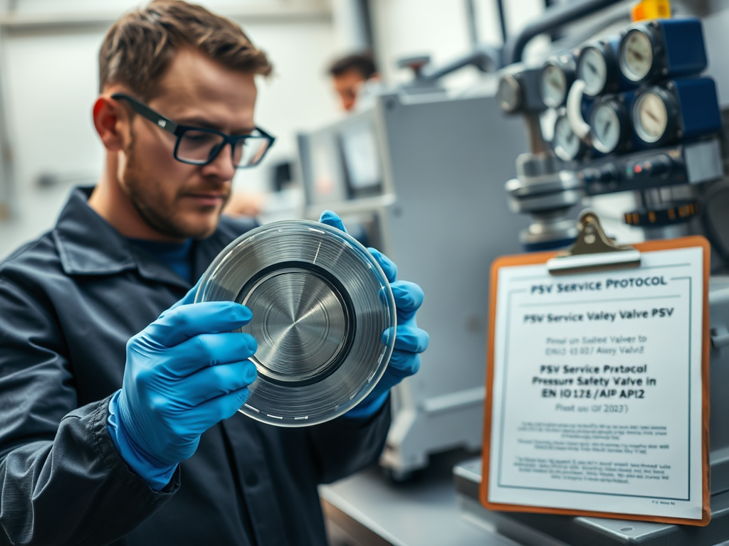 En tekniker inspekterar en metallkomponent i en verkstad, iförd skyddshandskar, med en provbänk och mätinstrument i bakgrunden.