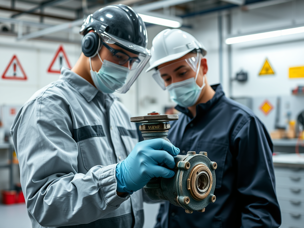 Två tekniker inspekterar en ventil i en verkstad, iförda skyddshandskar, munskydd, och hjälmar. Bakgrunden visar varningsskyltar och industriell utrustning.
