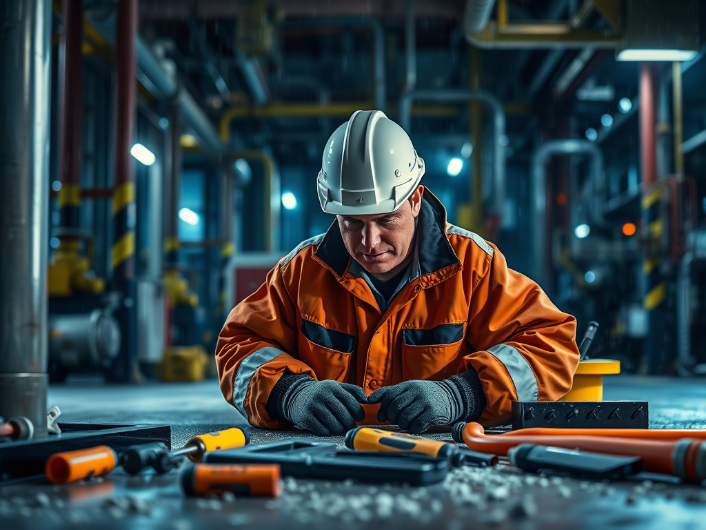 En arbetare i orange säkerhetsjacka och vit hjälm sitter vid ett skrivbord omgivet av verktyg i en industriell miljö. Han koncentrerar sig på sitt arbete, vilket indikerar en situation där sista-minuten-risksbedömning kan vara avgörande.