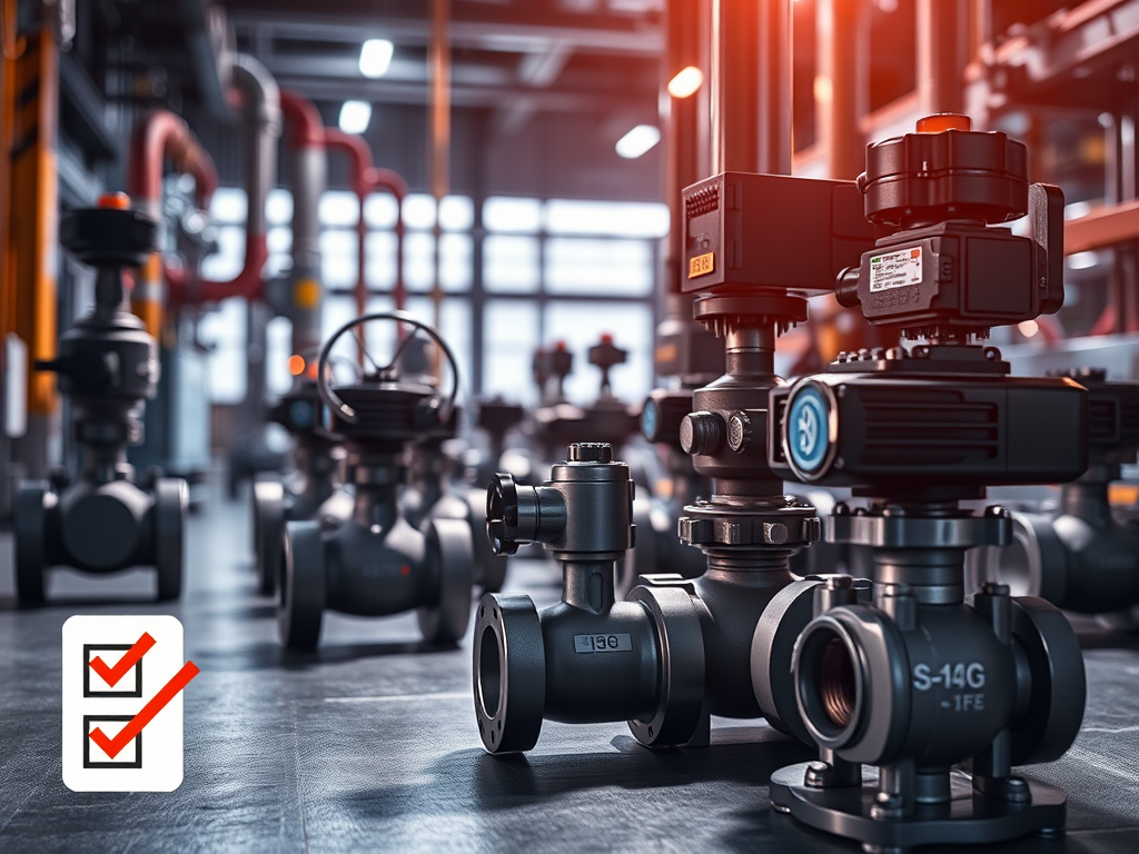 Uppställning av ventiler och ställdon i en industriell miljö med focus på säkerhet och flödesteknik.