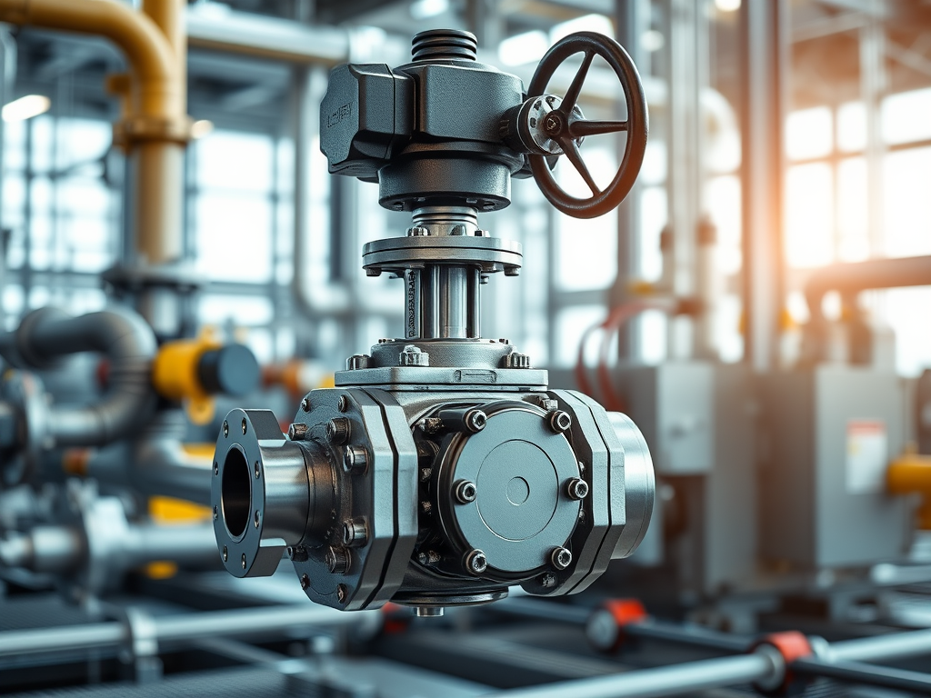 En modern reglerventil i en industriell miljö, med synliga rör och utrustning i bakgrunden.