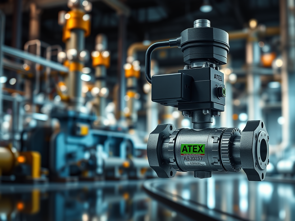 En automatiserad ventil för explosiva miljöer, märkta med ATEX, i en industriell anläggning med rör och utrustning i bakgrunden.