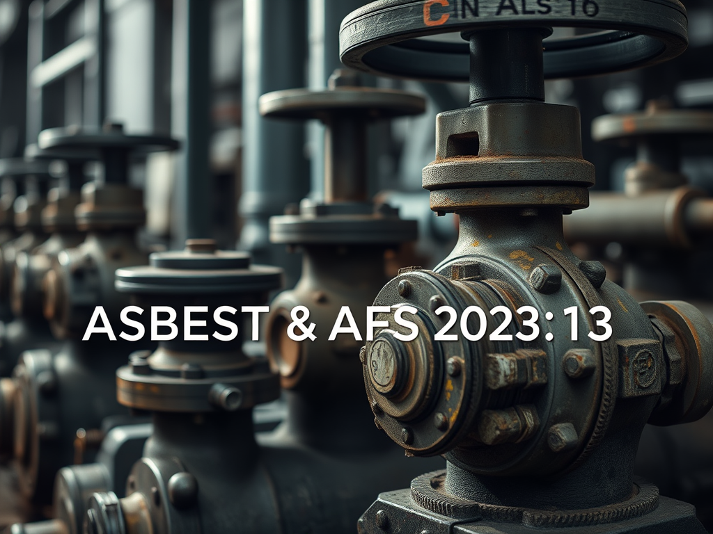 Bild av industriella ventiler och rörsystem med texten 'ASBEST & AFS 2023:13' som framhäver vikten av asbesthantering i äldre utrustning.