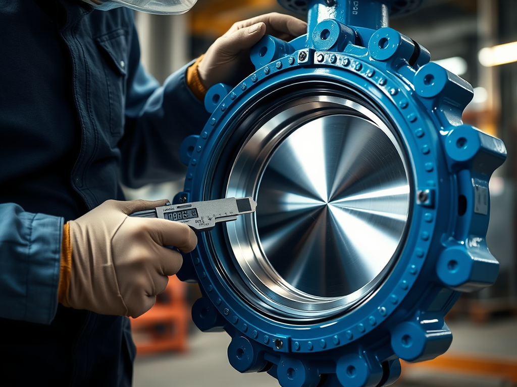 En tekniker mäter dimensionerna på en blå industriventil med en mätkaliper i en verkstad.