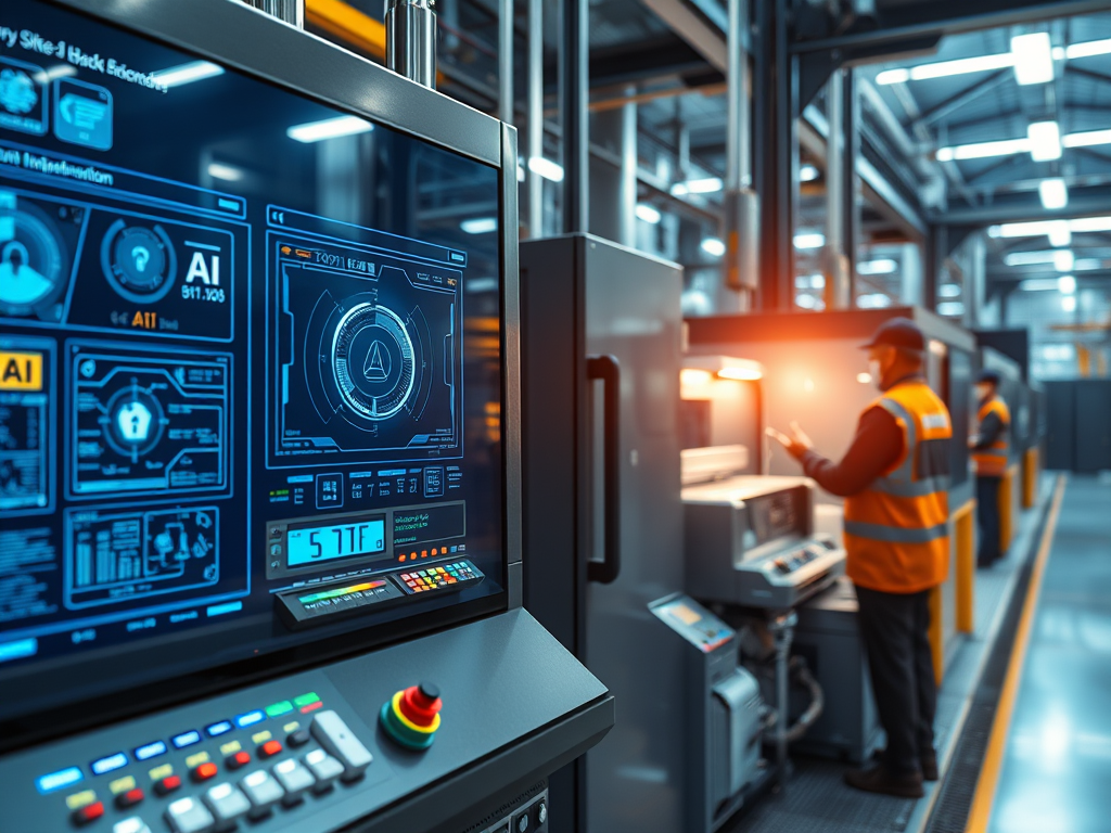 En detalj av ett kontrollsystem med digitala skärmar och knappar i en fabriksmiljö, där arbetare i varselkläder arbetar vid maskiner.