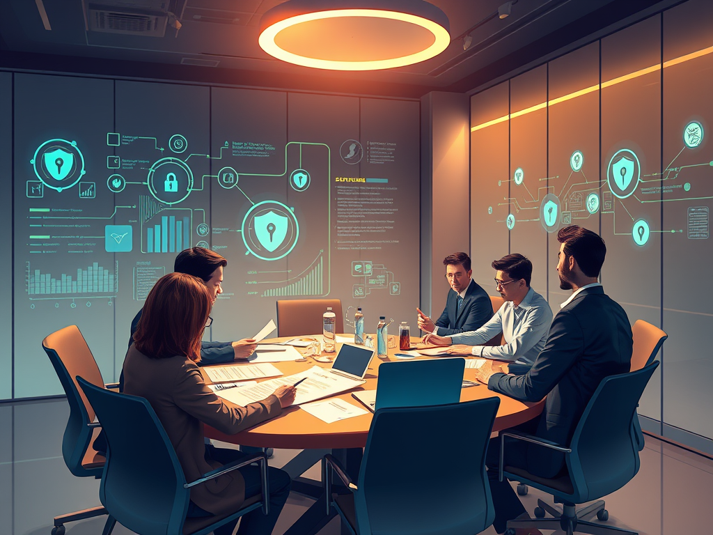 Mötesrum med ett runt bord där fem affärspersoner diskuterar och granskar dokument, medan digitala grafer och säkerhetssymboler projiceras på väggen.