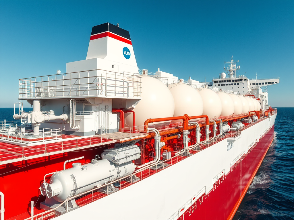 En stor tankerskiva med runda tankar i horisontellt läge på däck, mot en klar blå himmel och hav i bakgrunden.