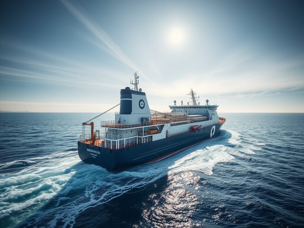 En stor lastfartyg som färdas genom ett blått hav under en klar himmel.