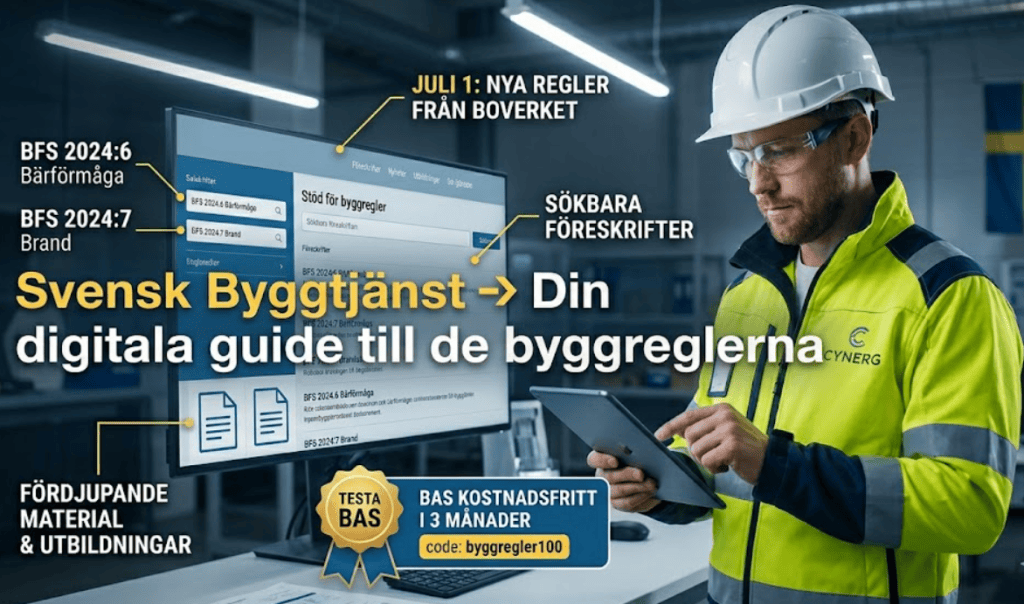 En byggnadsarbetare i gul arbetskläder och hjälm använder en surfplatta framför en datorskärm som visar information om byggregler, inklusive nya regler från Boverket och sökbara föreskrifter.