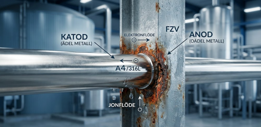Bild som visar en metallrörkoppling med etiketter för katod, anod, elektronflöde, jontflöde och materialtyp A4/316L.