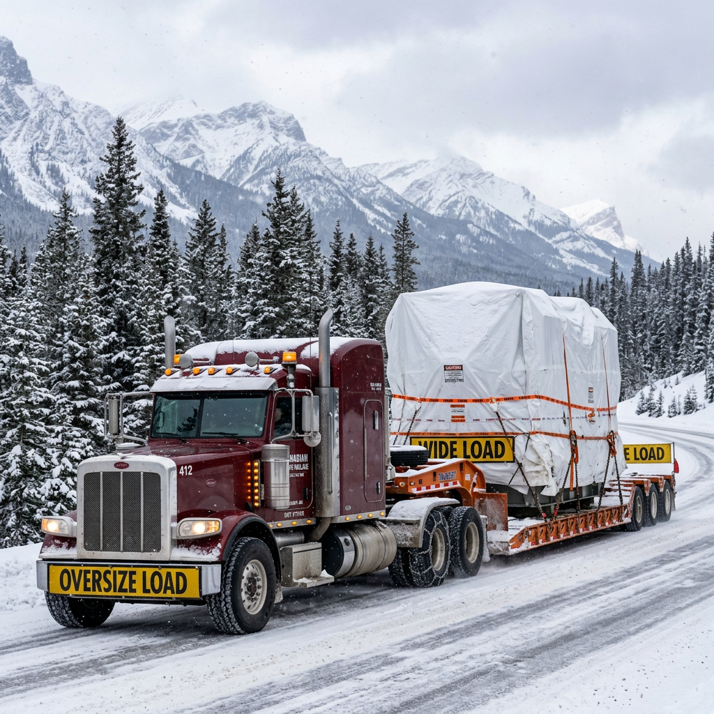Red semi-truck carrying an oversized load wrapped in white cover on snowy mountain road
