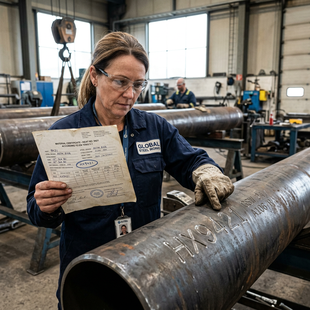 Woman in safety glasses checking steel pipe labeled HX9421 with material certificate
