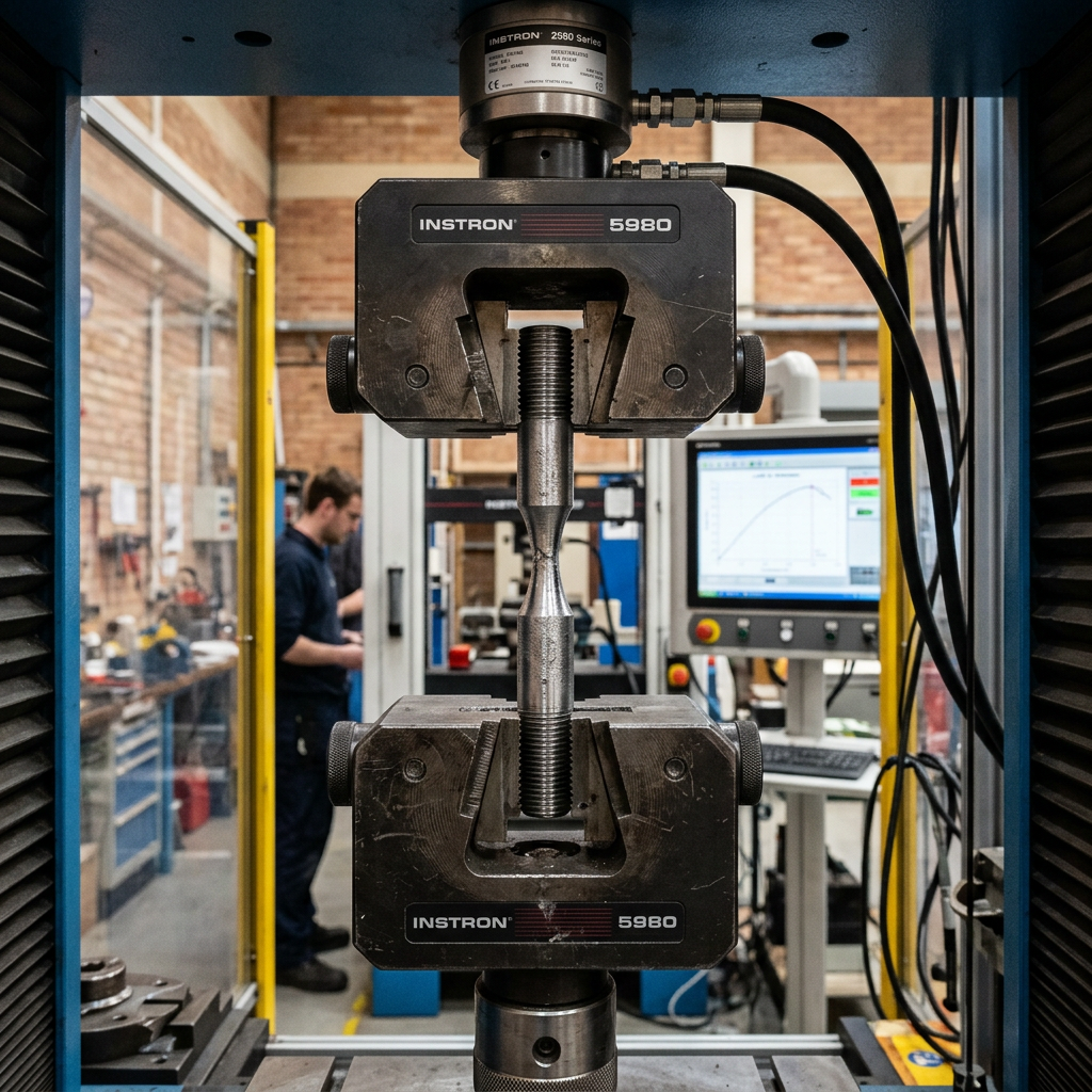 Instron 5980 tensile test machine applying force to a metal test specimen