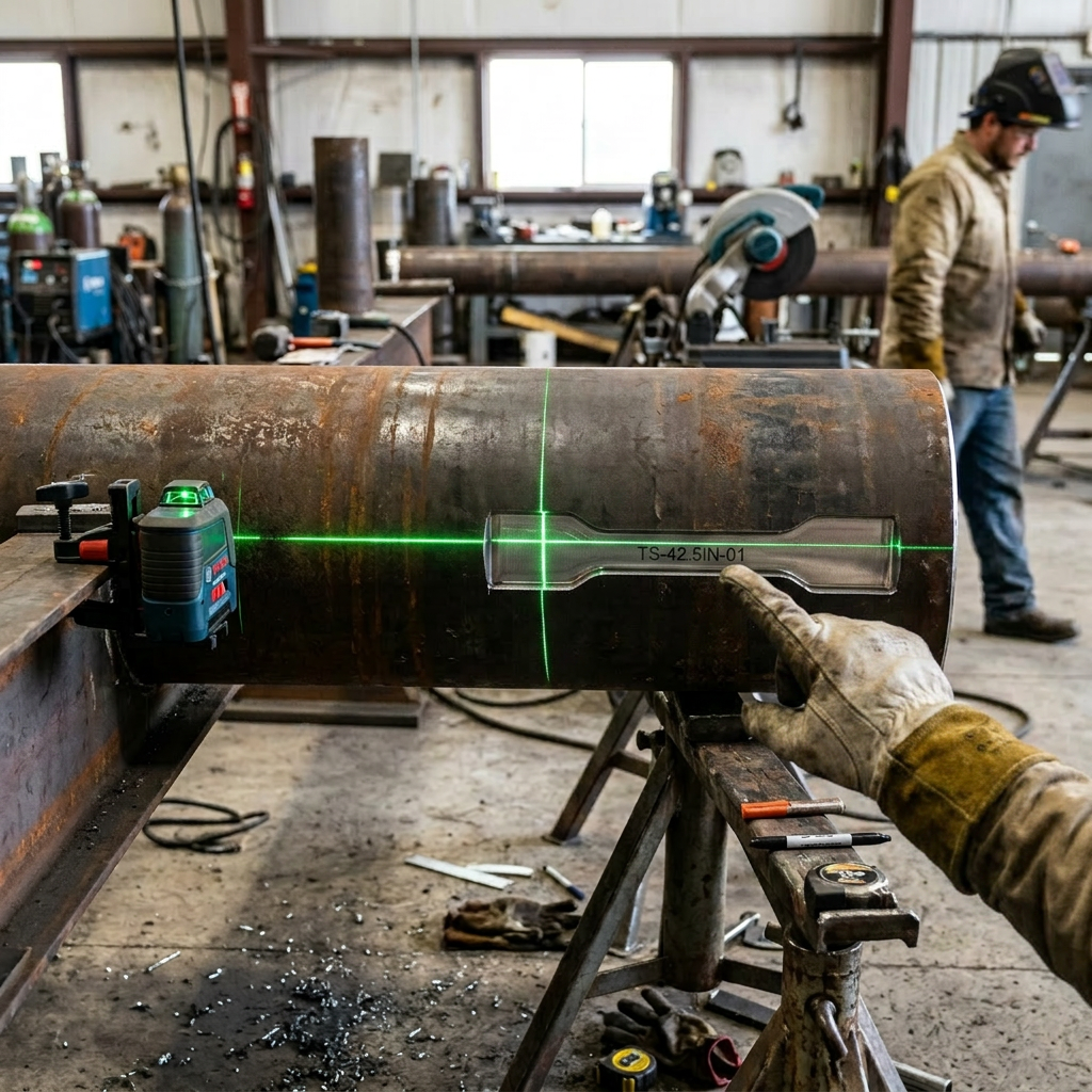 Large steel pipe marked with chalk and intersecting green laser lines in workshop