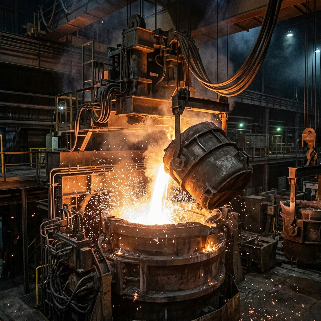 Industrial furnace melting molten metal with sparks and smoke