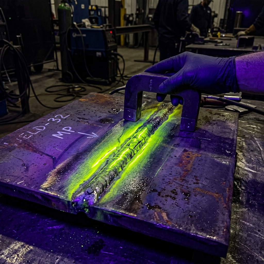 Magnetic particle test under UV light on weld