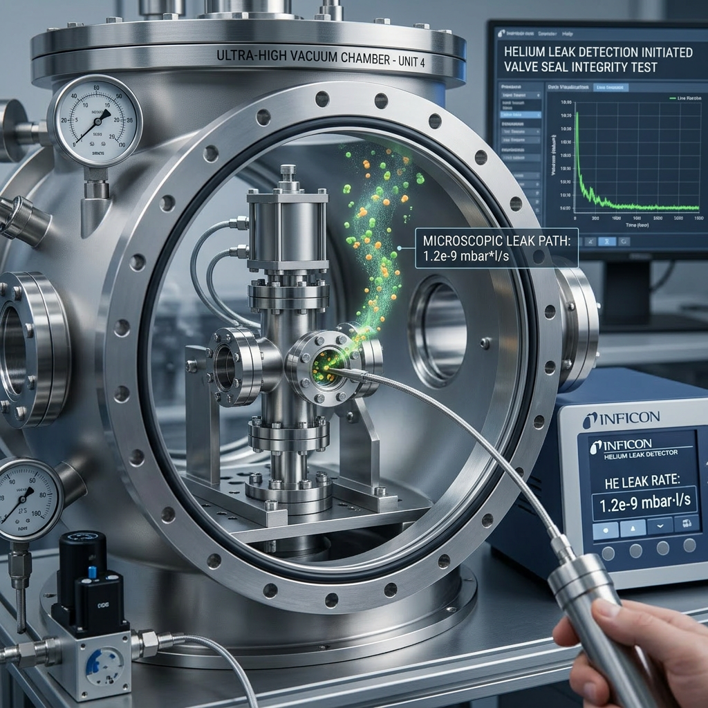 Helium leak detection in ultra-high vacuum chamber showing microscopic leak path and leak rate.