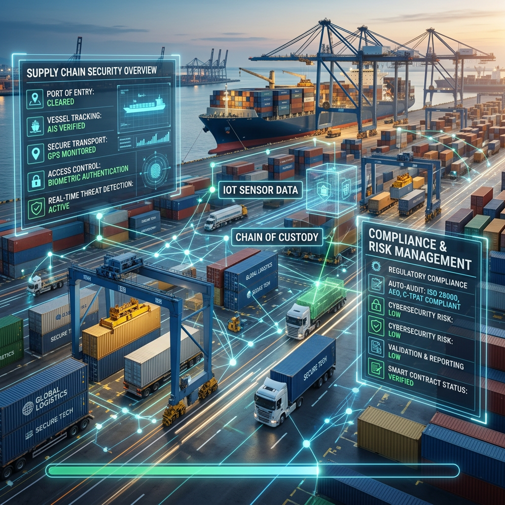 Cargo port with container ships, trucks, and digital supply chain security data overlays