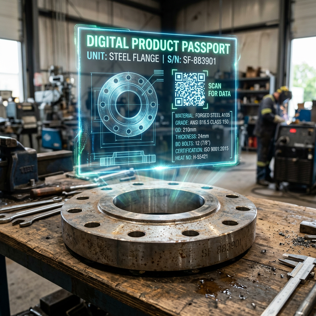 Steel flange on workbench with digital product passport hologram showing specifications and QR code