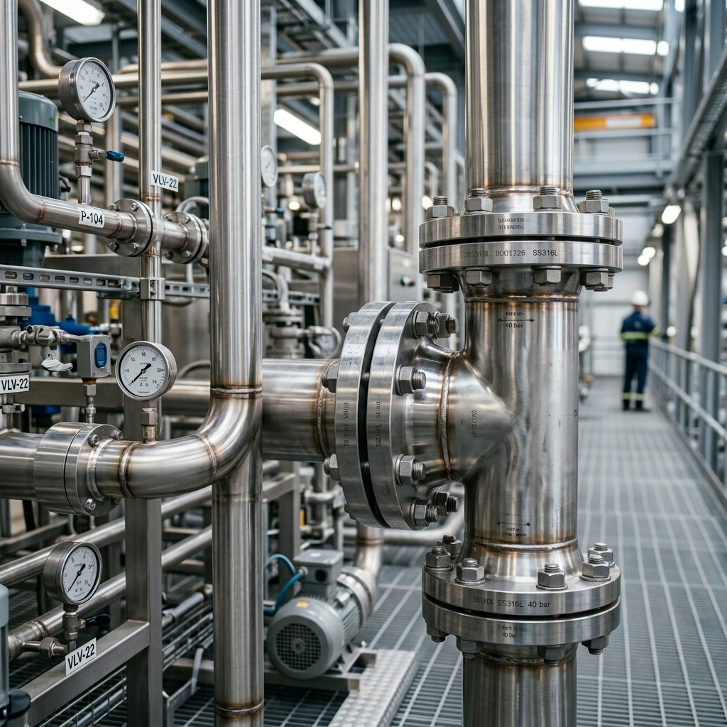 Quality inspector examines industrial piping with a tablet