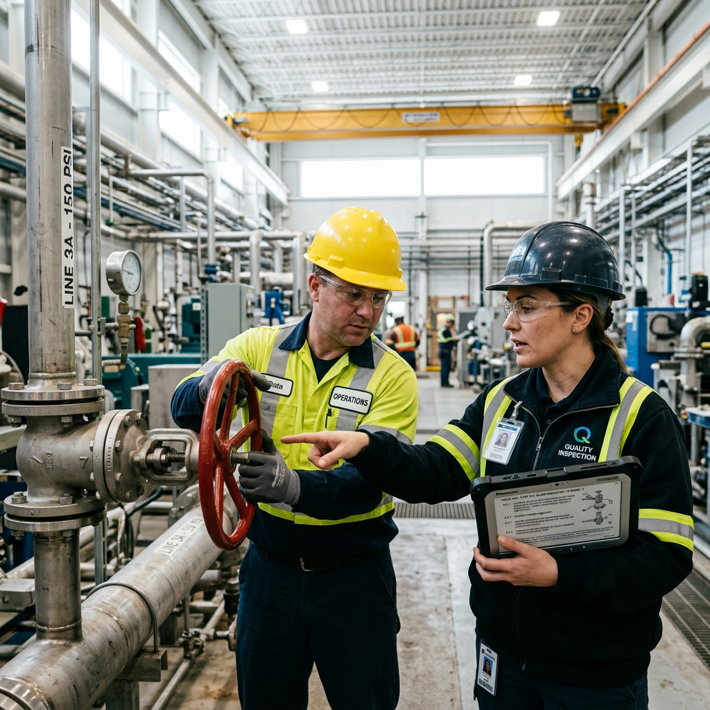 Two industrial workers inspect a pipeline valve, with one holding a tablet.