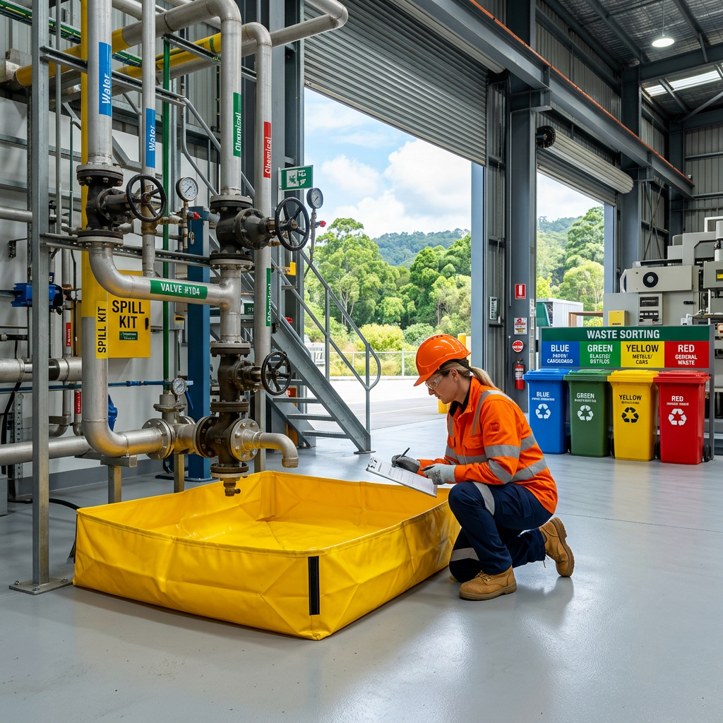 Worker inspecting industrial pipes beside spill kit, containment tray, and waste sorting bins labeled blue, green, yellow, and red
