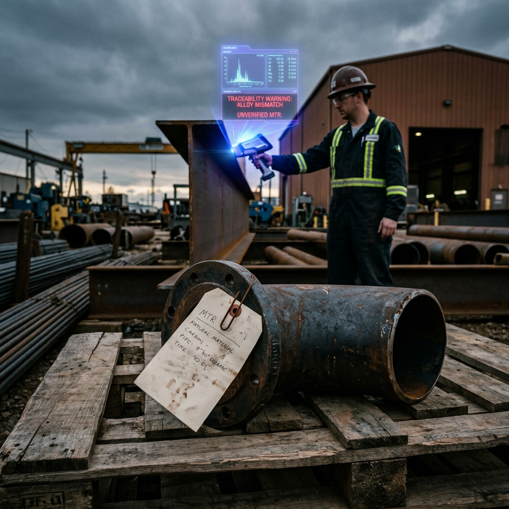 Worker scanning a tagged steel pipe; holographic warning reads “TRACEABILITY WARNING: ALLOY MISMATCH” and “UNVERIFIED MTR.”