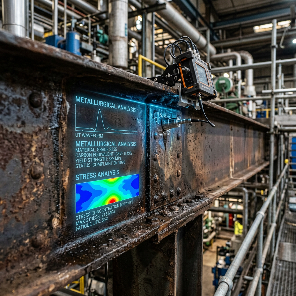 Industrial steel beam with scanner and overlay text: METALLURGICAL ANALYSIS; UT WAVEFORM; MATERIAL: GRADE S255; CARBON EQUIVALENT (CEV): 0.43%; YIELD STRENGTH: 382 MPa; STATUS: COMPLIANT EN 1090; STRESS ANALYSIS; MAX STRESS: 215 MPa; FATIGUE LIFE: 85%.
